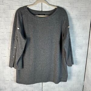 Liz Claiborne lightweight, gray sweater button detail down sleeve minimalist